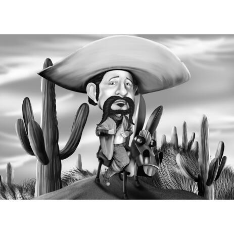 Cowboy Man Caricature in Black and White Style on Cactus Field Background - example