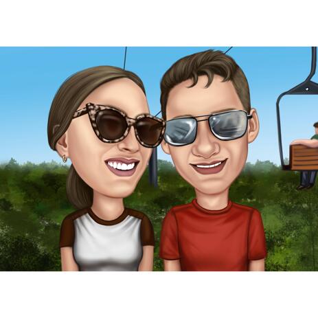 Amusement Park Couple Caricature Drawing in Color Style from Photos - example