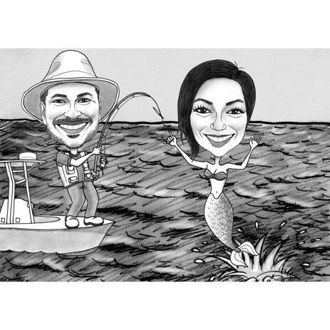 Funny Couple Fishing Caricature in Black and White Style with Custom Background - example
