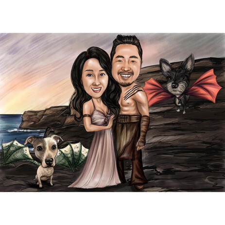 Couple with Pets Caricature as Any Movies Characters - example