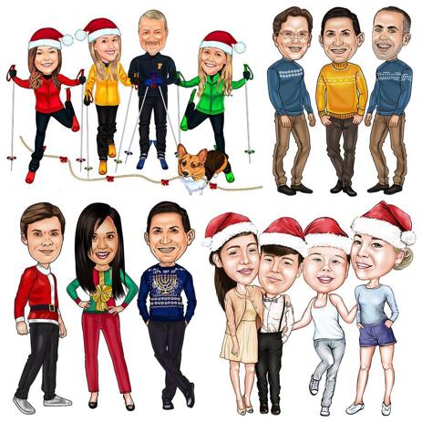 Full Body Christmas Group Caricature in Colored Style - example
