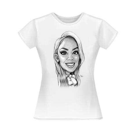 Beautiful Female Caricature in Black and White Exaggerated Style as Gift Print on T-Shirt - example