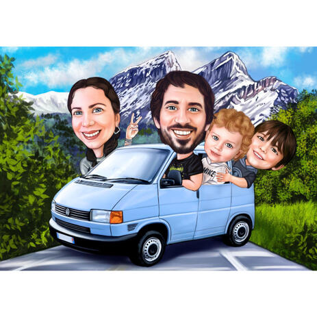 Happy Family Travelling by Bus Caricature with Custom Background - example