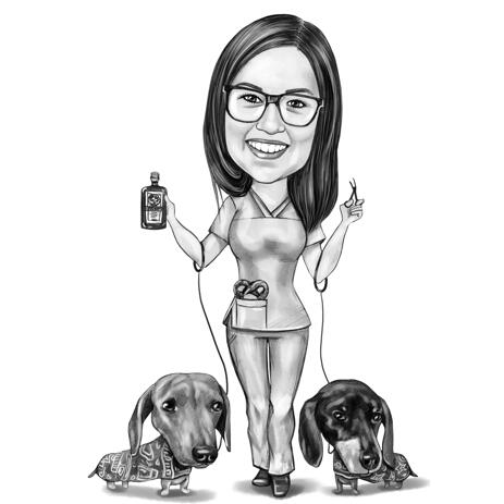 Vet Doctor with Dachshund Dogs Cartoon Portrait from Photo in Black and White Style - example