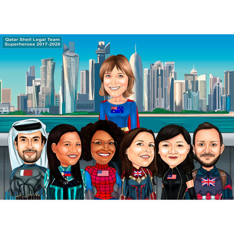 Group Superhero Caricature Drawing from Photos with City Background - example