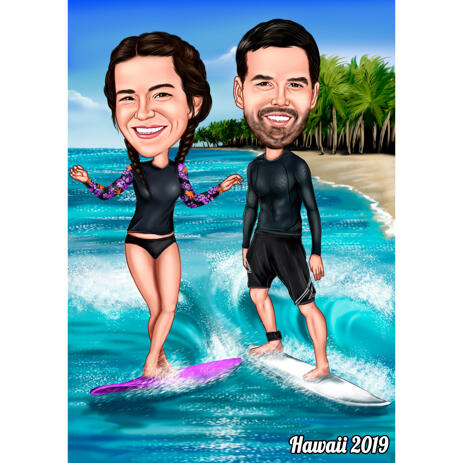 Couple Surf Colored Caricature Hand Drawn from Photos - example