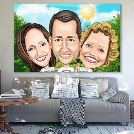 Three Persons Exaggerated Style Caricature from Photos Printed on Canvas - example
