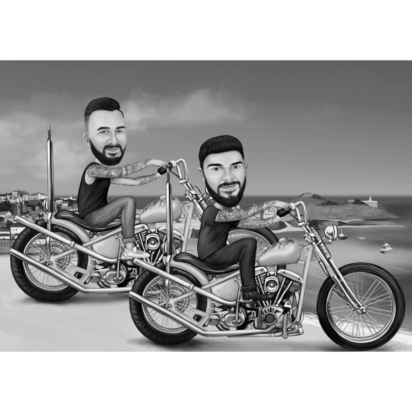 Zwei Personen auf Harley-Davidson Motorrad Karikatur im Schwarz-Weiß-Stil