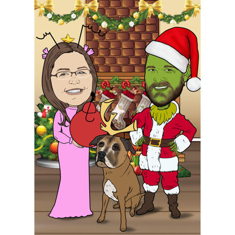 Christmas Caricature of Couple with Dog with Colored Background - example