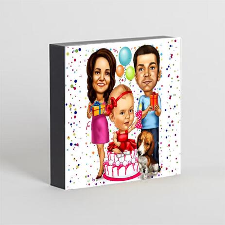 Birthday Family Caricature Printed on Photo Block - example