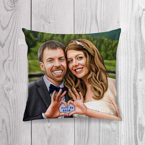 Hand-Drawn Bride and Groom Portrait Printed on Pillow - example