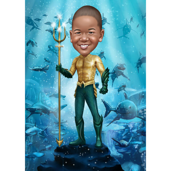 Custom Aquaman With Trident Caricature Drawn From Photos On Underwater Background