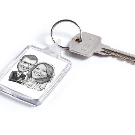 Pencils Caricature of Bride and Groom on Keyrings Print - example