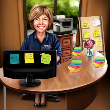 Woman Manager Sitting at Desk Full of Note Stickers Caricature for Custom Employee Gift - example