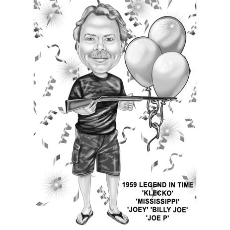 Full Body Black and White Style Hunter Caricature for Boss Birthday Gift - example