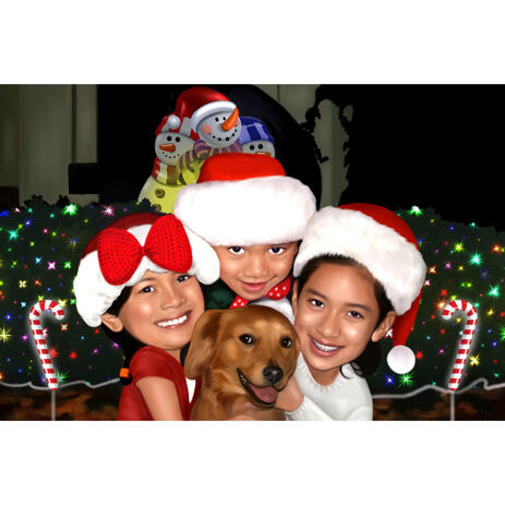 Christmas Kids Group with Pet Caricature in Color Style with Custom Background - example