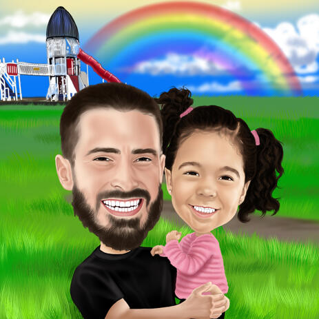 Father and Daughter Cartoon Caricature with Custom Background - example