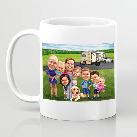 Caricature on Mug - Family with Pet Cartoon Portrait in Colored Style with Custom Background - example