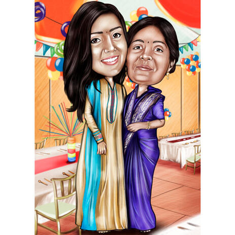 Two Persons Colored Cartoon Portrait in Full Body Indian Style from Photo - example