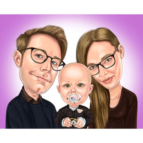 Personalised Family with Baby Cartoon Caricature from Photos with One Colored Background - example