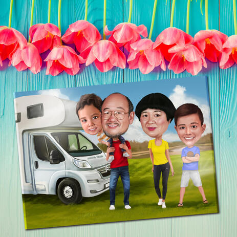 Camping Family Caricature on Canvas for Best Father's Day Gift - example