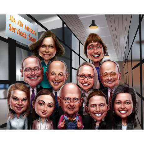 High Exaggerated Corporate Group Team Caricature with Company Office Background from Photos - example