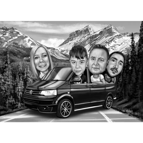 Black and White Style Caricature of Family in Bus Drawn from Photos - example
