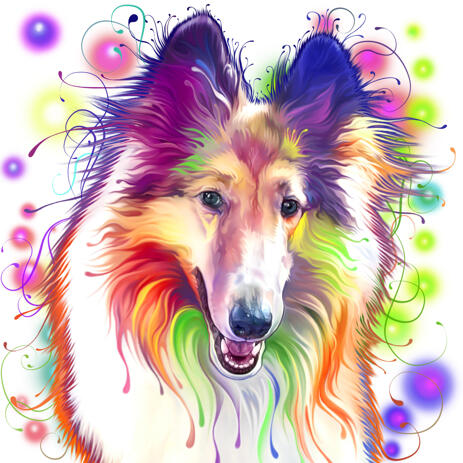 Kid-Friendly Collie Dog Cartoon Portrait in Watercolor Style with Splashes Background - example