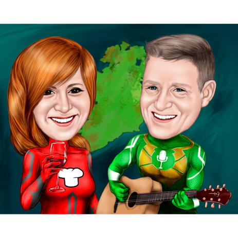 Couple Superhero Caricature Featuring Custom Hobbies and Professions - example