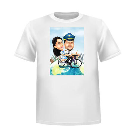 Couple on Bicycle Caricature with Custom Background as Custom T-shirt Gift - example