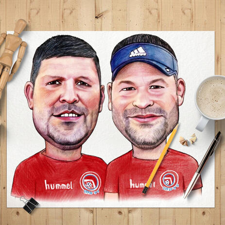 Sport Themed Poster Caricature - Two Persons Hand Drawn in Colored Style from Photos - example