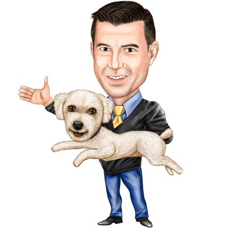Owner with Pet: Full Body Caricature Portrait on White Background - example