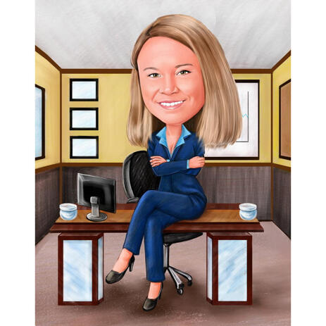 Manager Sitting on the Desk Caricature Painting Hand Drawn in Colored Style - example