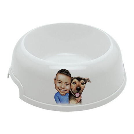Kid with Dog Caricature on Pet Bowl - example
