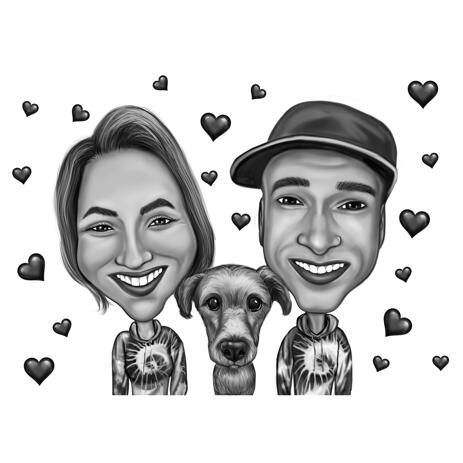 Couple with Pet Caricature in Funny Exaggerated Style on Hearts Background - example