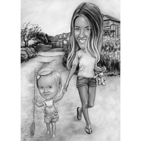 Matka s dítětem na procházce Karikatura v černobílém stylu z fotografií - example
