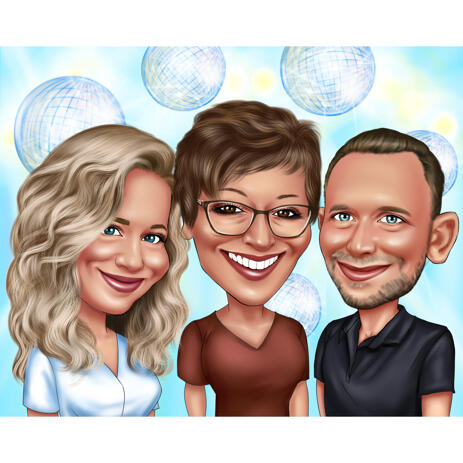 Best Friends Caricature Drawing in Colored Style with Disco Balls Background - example
