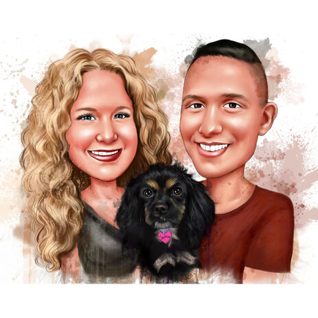 Couple with Dog Watercolor Caricature in Natural Coloring - example