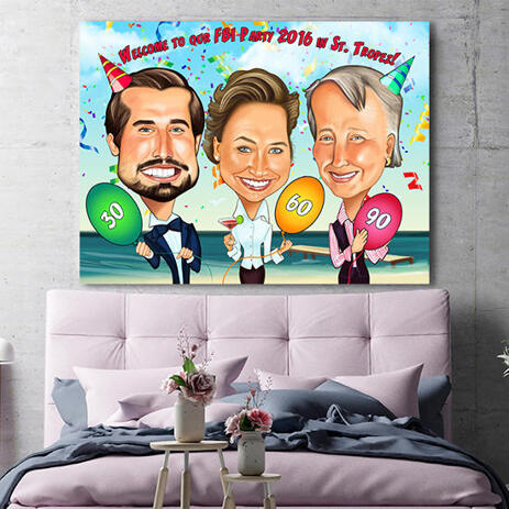Group Birthday Caricature Gift Hand Drawn in Colored Style - Print on Canvas - example