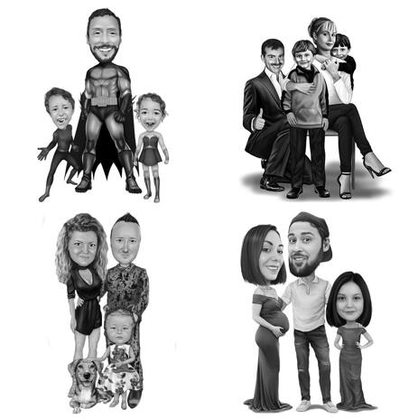 Family Caricature Portrait in Black and White Style - example
