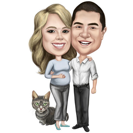 Full Body Couple Caricature with Pet from Photos in Colored Style - example