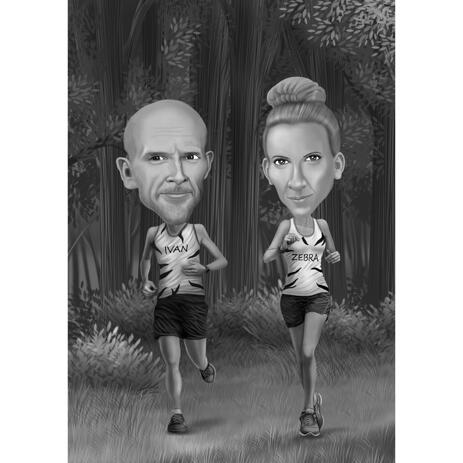 Runners Gift - Couple Caricature Portrait from Photos in Black and White Style with Background - example