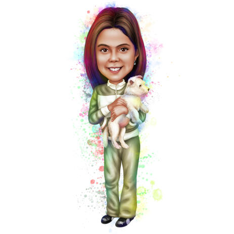 Kid with Pet Caricature Portrait from Photos in Watercolor Pastel Style - example