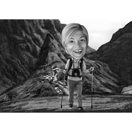 Hiking Cartoon Caricature of Person in Full Body Black and White Style on Mountain Background - example