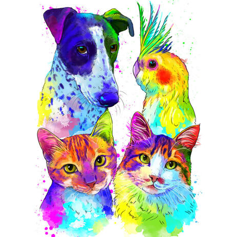 Watercolor Pets Portrait Mix Dog Cat And Bird