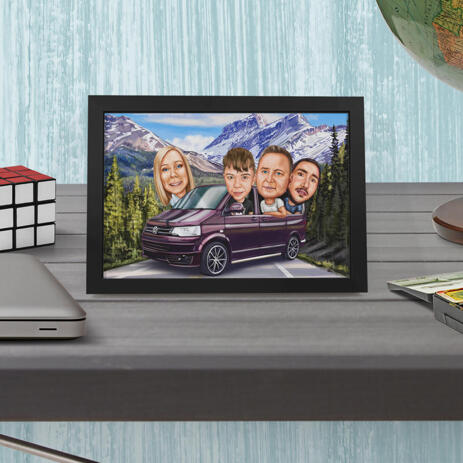 Poster Print: Family in Car Caricature Drawing with Custom Background - example