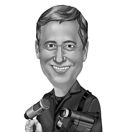 Newsman Reporter Cartoon Portrait Caricature in Black and White Style - example