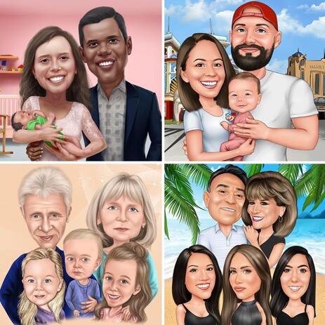 Family Caricature Portrait in Color Style with Custom Background - example