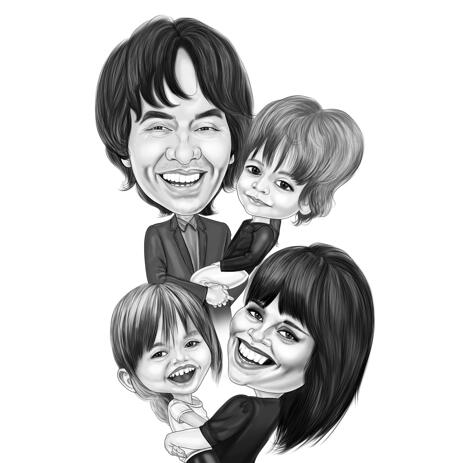 High Exaggerated Four Family Members Caricature in Black and White Style for Family Gift - example
