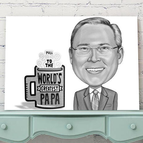 Custom Father's Day Caricature Cartoon Portrait on Canvas in Black and White - example